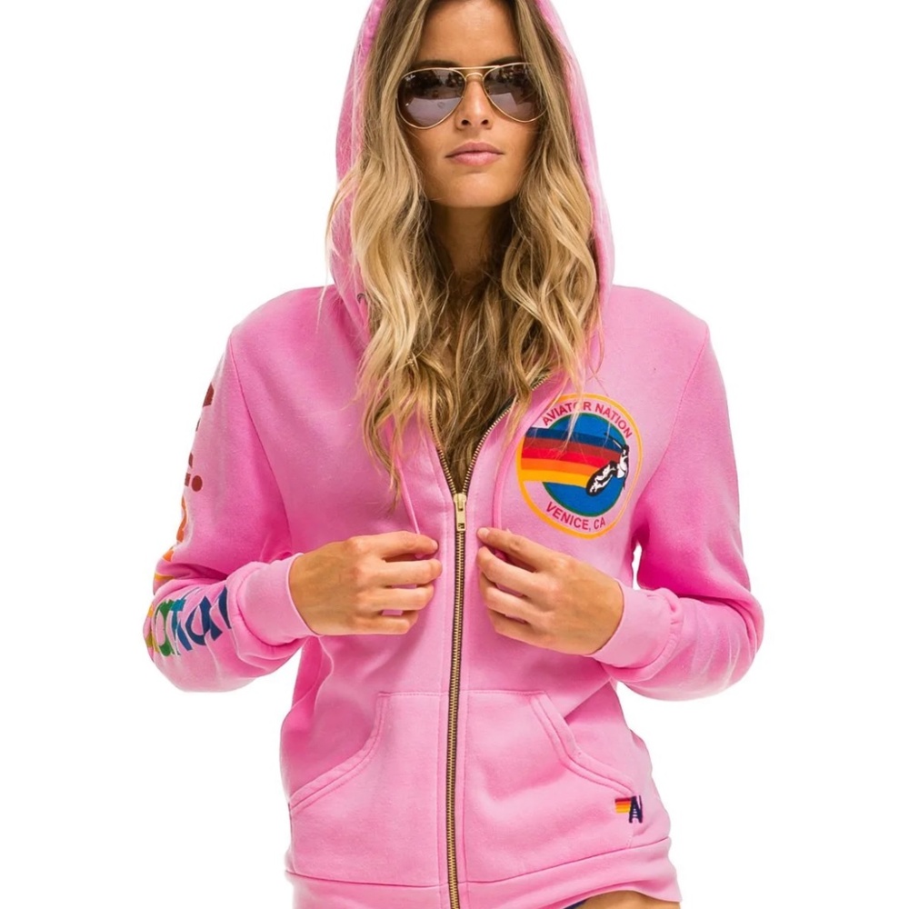 Aviator Nation Pink Zip Hoodie with Rainbow Patch